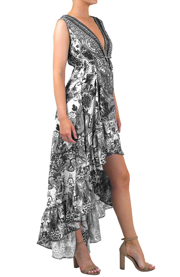 Caviar Black Printed Hi Low Dress